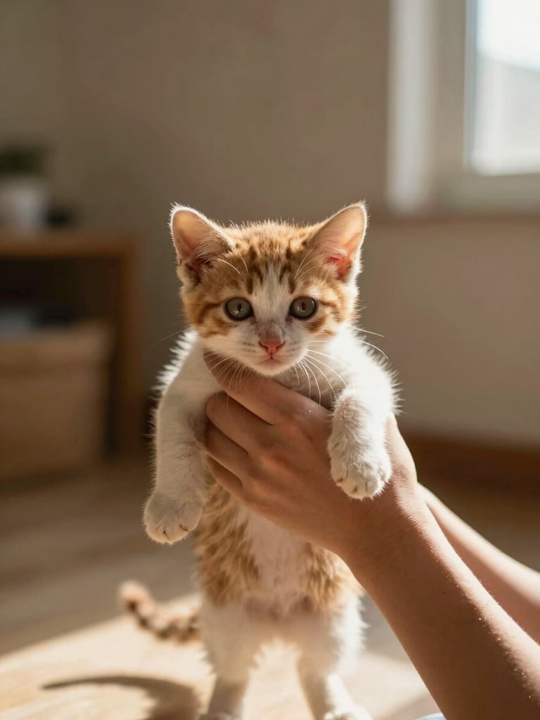 Intimate close-up of caregiving hands gently holding a small rescued kitten in a sunlit room, warm documentary style, soft morning light