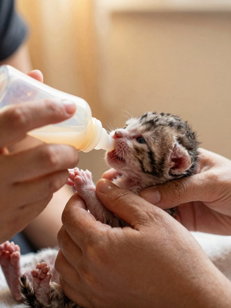 Intimate close-up of caregiving hands gently bottle-feeding a tiny neonatal kitten, soft morning light, warm documentary style.