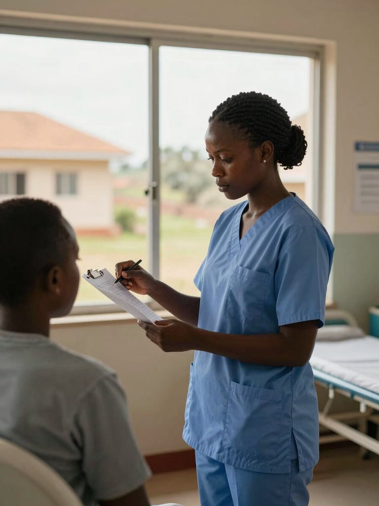Medium shot from the side of a nurse in scrubs reviewing a patient chart at a pediatric ward station, natural daylight from a wide window, hospital interior visible in background, Uganda, documentary style