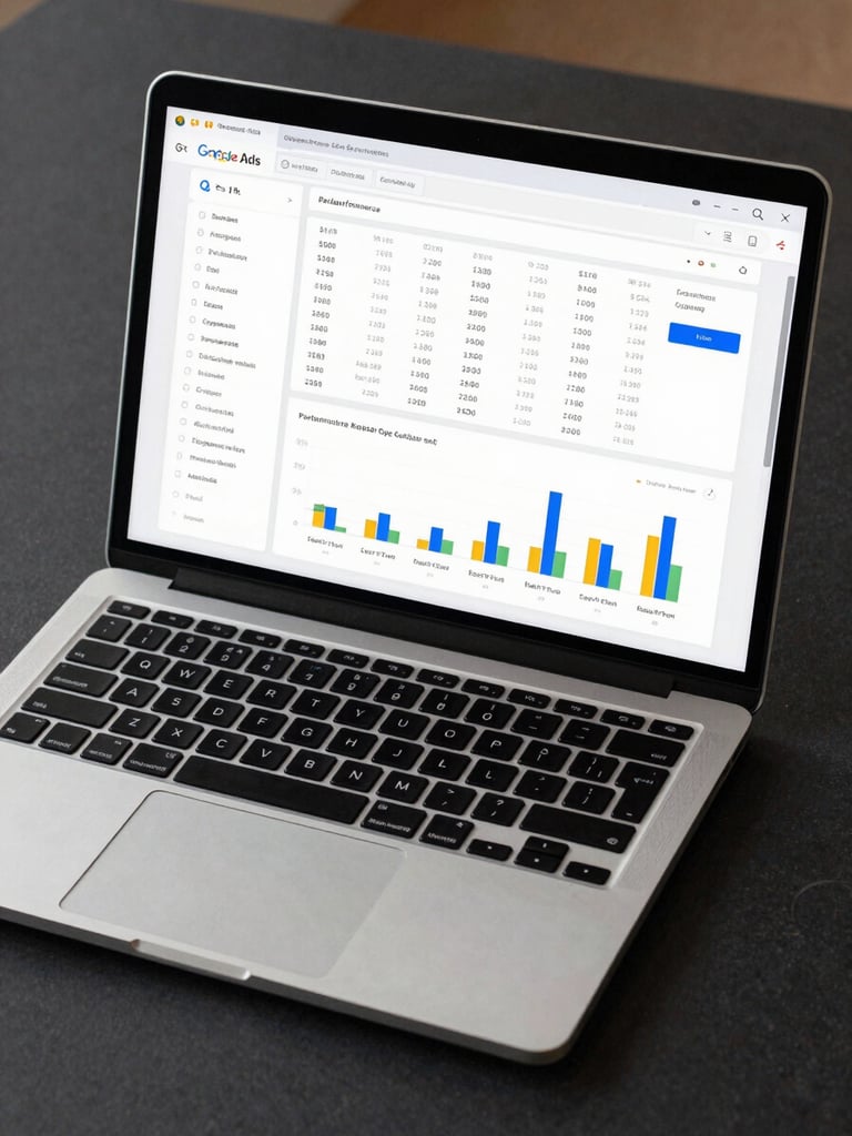 Close-up overhead view of a laptop screen displaying a Google Ads performance dashboard with campaign metrics, cost-per-click columns and conversion graphs clearly visible, on a clean dark desk, even studio lighting, tight crop filling the frame