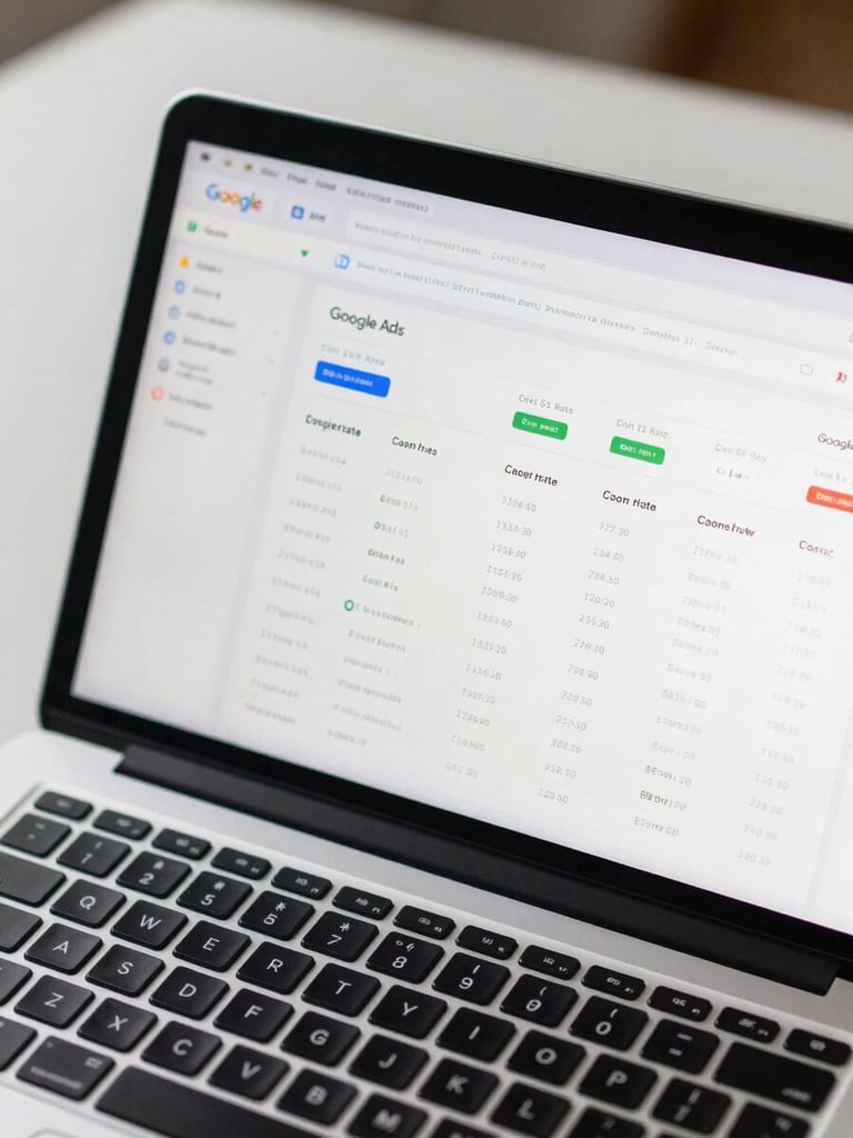 Close-up overhead view of a laptop screen displaying a live Google Ads campaign dashboard with click-through rate and cost-per-click columns visible, on a clean desk under even north-facing daylight, keyboard partially in frame