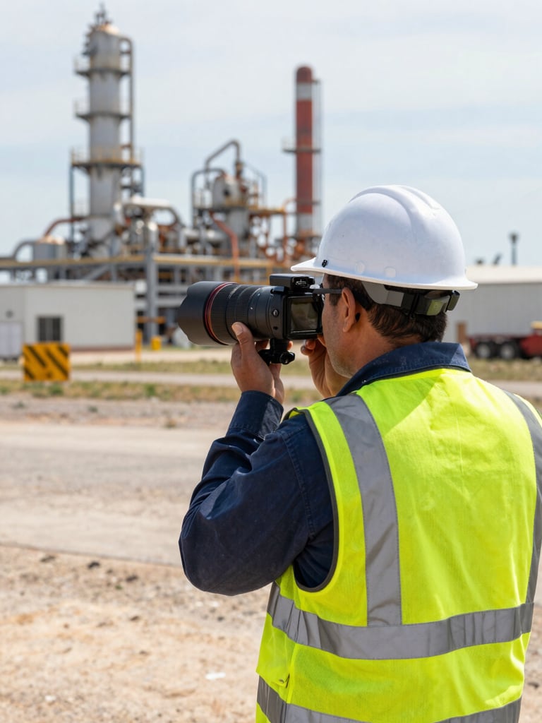 A safety officer in high-visibility gear conducting an inspection on an active Texas industrial job site, natural daylight, sharp focus, 35mm lens.