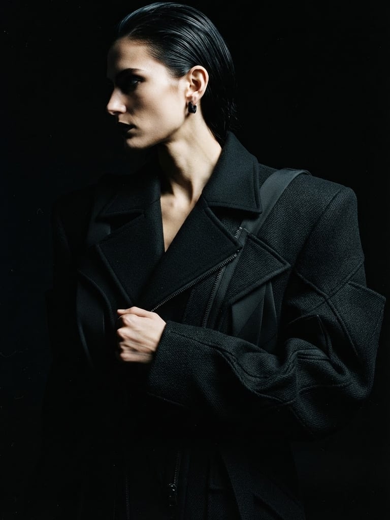 Low-key, high-contrast fashion photograph of a heavy black structural jacket on a model, harsh dramatic side-lighting, deep black background, 35mm film
