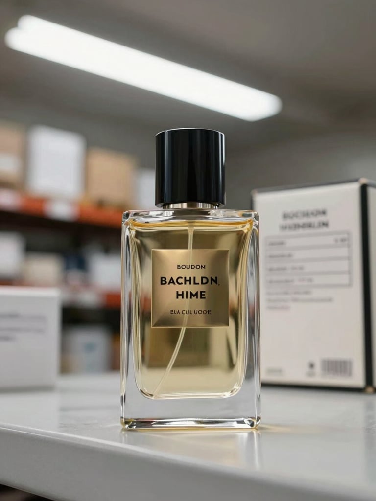 Close-up of a luxury fragrance bottle standing on a warehouse shelf in a controlled logistics environment, clean fluorescent overhead light, shipping documentation visible blurred in the background — product as operational evidence not lifestyle prop