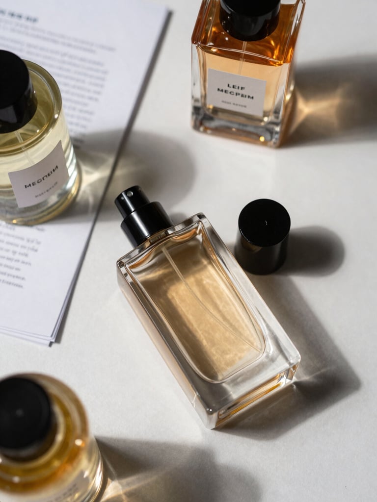 Close-up overhead flat-lay of luxury perfume bottles and a folded strategy document on a matte white surface, studio strobe lighting casting crisp shadows, one bottle uncapped with stopper resting beside it, no text visible