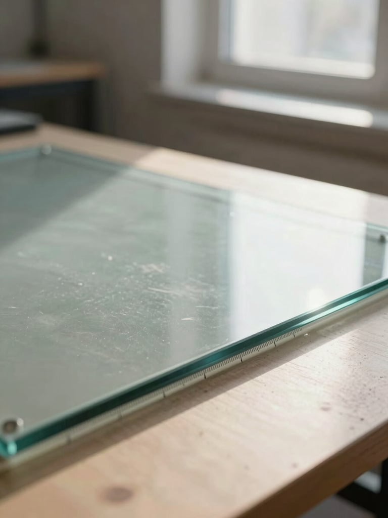 Extreme close-up of a glass panel edge on a drafting table, natural north-facing window light raking across the surface, precise measurement markings visible along the edge, clean studio background