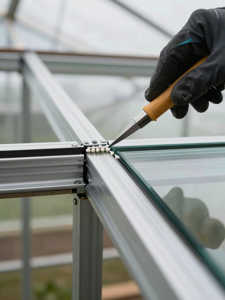 Close macro shot of glazing bar and glass panel joint being sealed during greenhouse installation, natural overcast daylight, gloved hands applying precision bead, structural aluminum framing in background