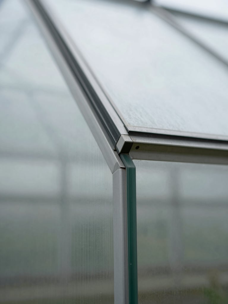 Macro close-up of a greenhouse glass panel edge, natural overcast daylight refracting across the surface, precise cut edge in sharp focus, minimal background, clean technical framing