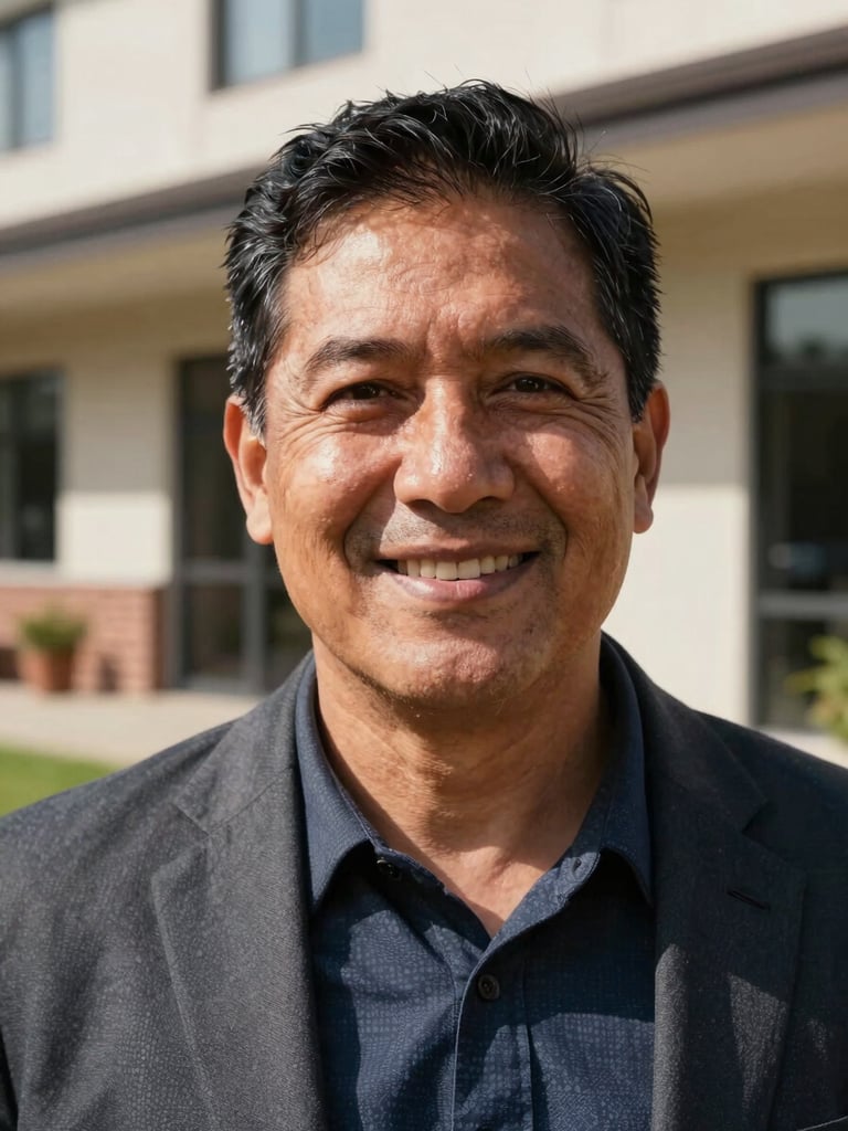 A close-up portrait of a community leader in natural daylight, smiling warmly outside a newly renovated neighborhood center, soft natural shadows.