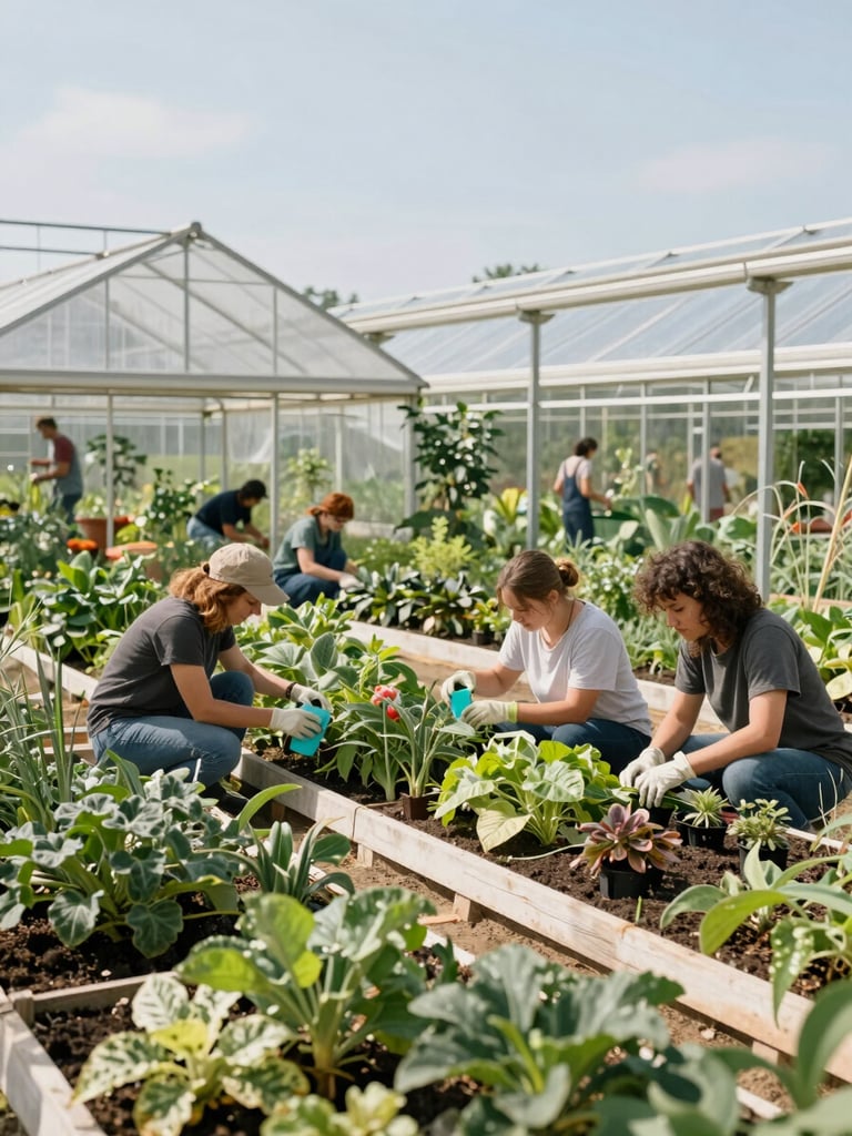 A wide environmental shot of community members collaborating in a vibrant community garden greenhouse under clear daylight, natural unedited lighting.