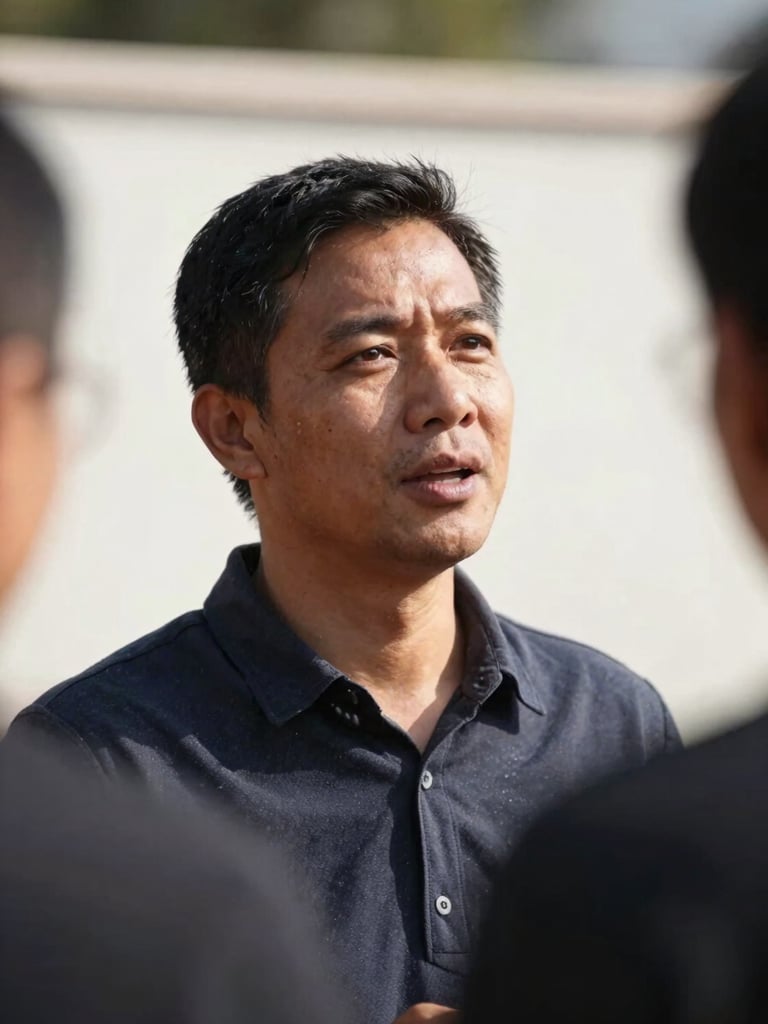 A close-up shot of a community leader speaking at an outdoor workshop, natural daylight, candid expression, soft shadows, warm-white background context