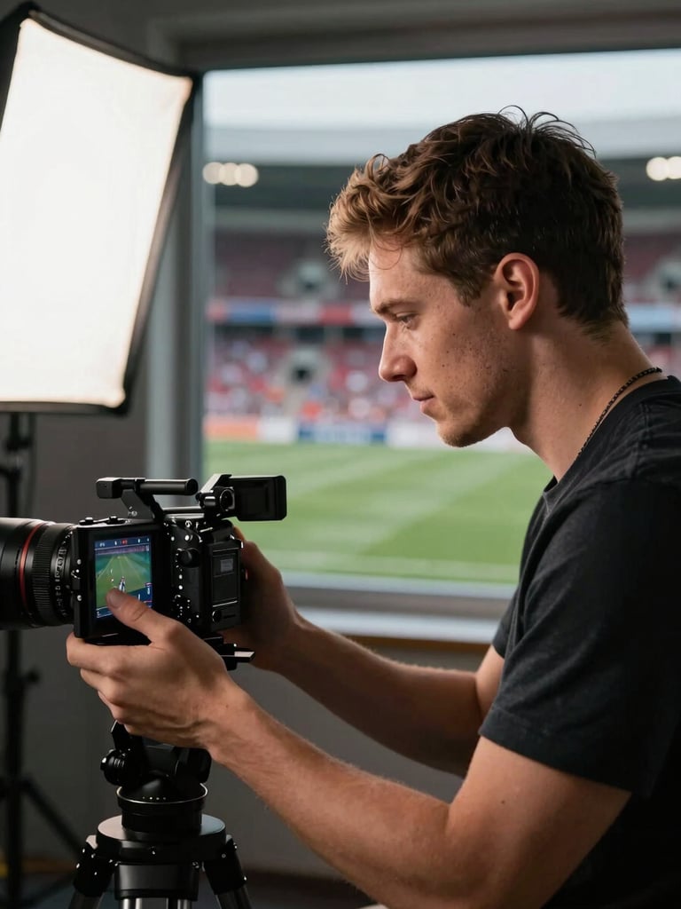 Close-medium shot from the left edge, a football content creator reviewing footage on a camera monitor in a dim production space, stadium ambient lighting visible through a window behind, controlled studio strobe catching the side of their face and equipment, professional and focused, no posed smile