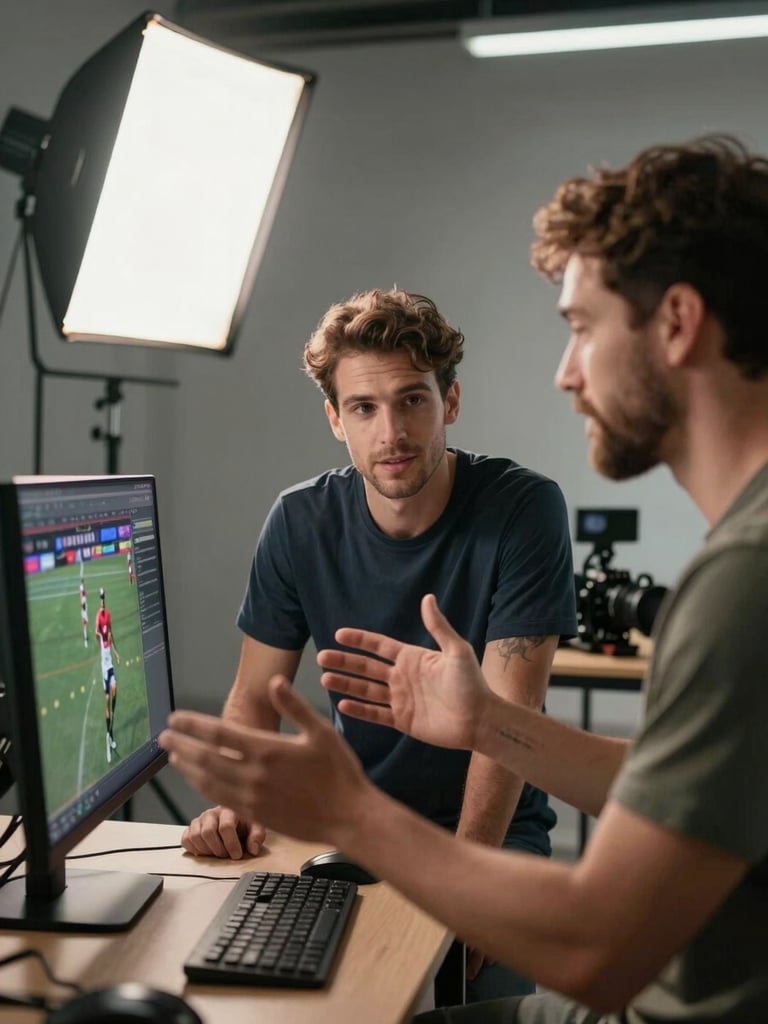 Close-medium shot inside a professional production studio, a brand representative and a football content creator reviewing footage together on a monitor, studio strobes casting sharp directional light, camera rigs visible in background, hands gesturing toward the screen, no smiles at camera