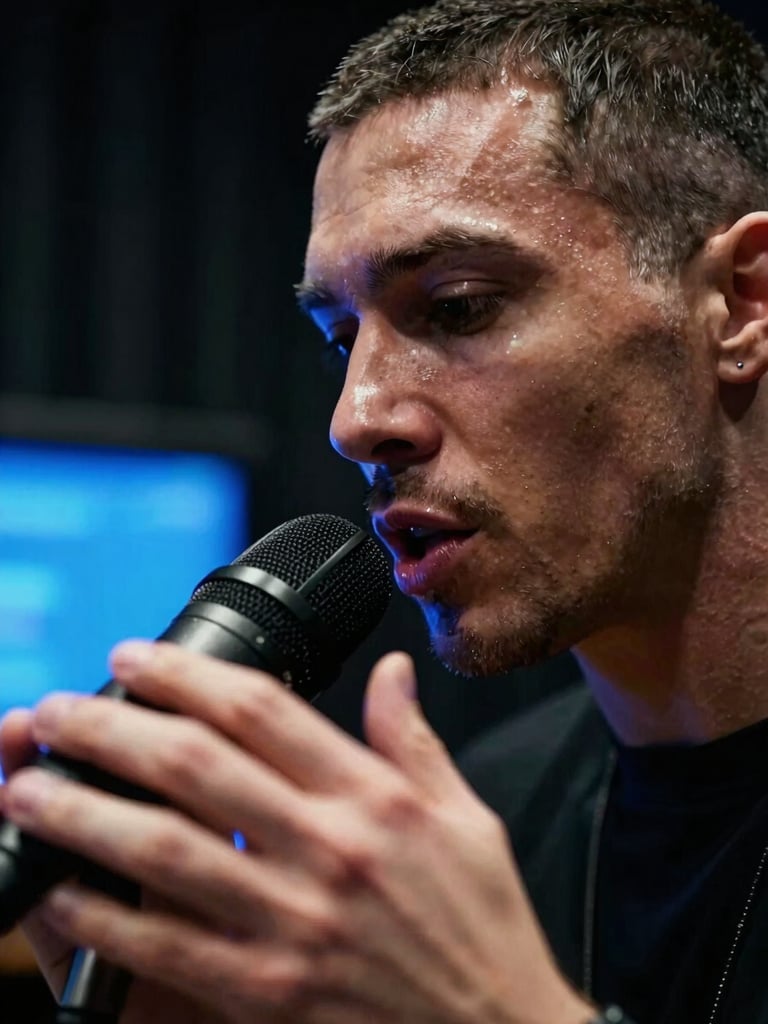 Extreme close-up of a rapper mid-delivery in a dark recording studio, electric-blue monitor glow raking across their face from the side, microphone in sharp foreground, expression intense and focused, motion blur on hands suggesting rhythm