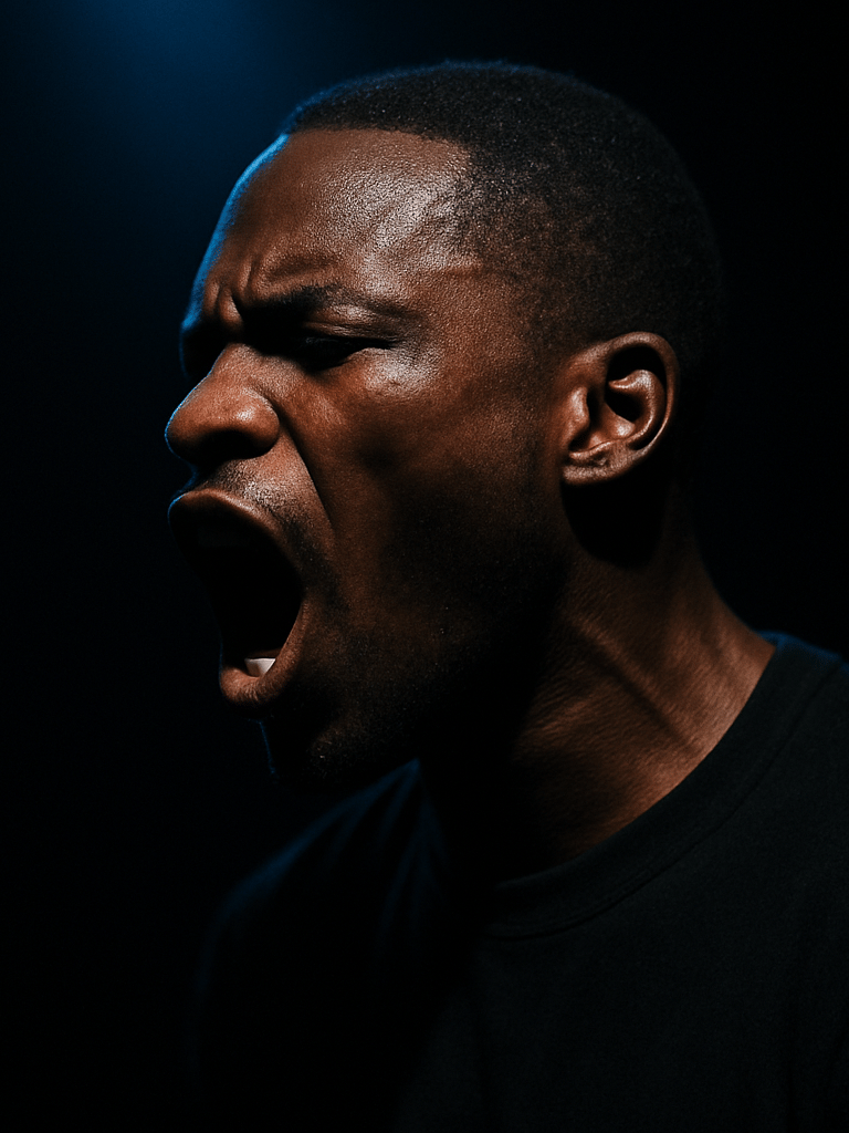 Dramatic close-up of a performer mid-delivery in a dark studio, face partially lit by a single electric-blue spotlight from above-left, jaw open in an intense lyrical moment, background completely black, high contrast