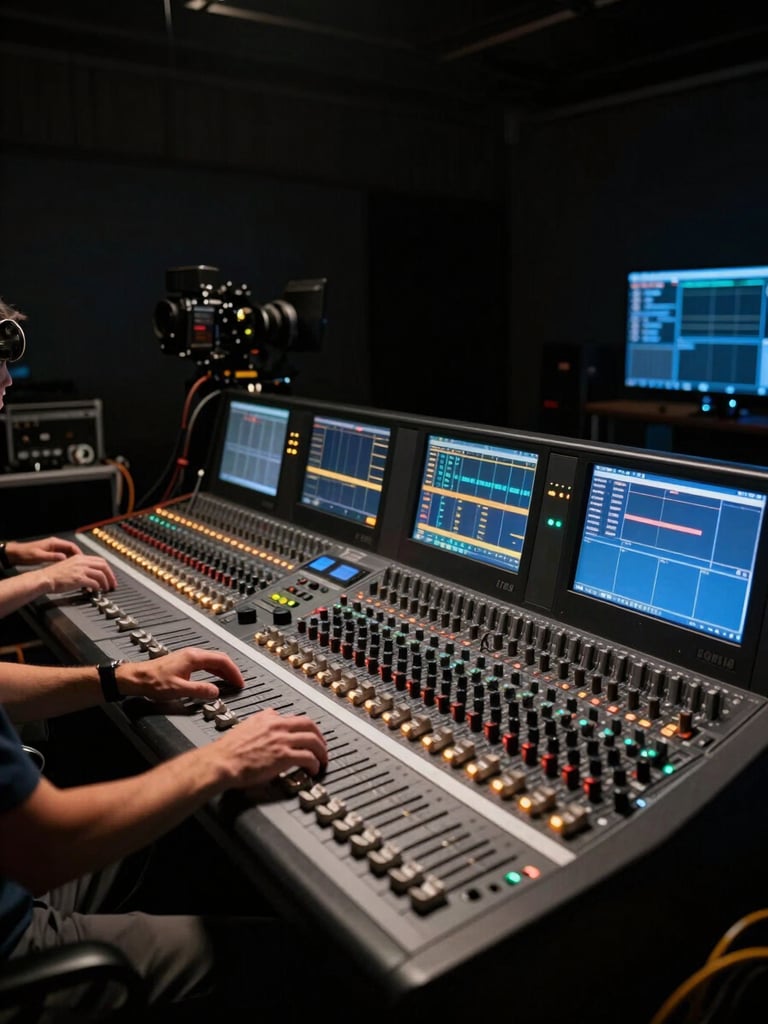 Wide panoramic shot of a cinematic production suite in near-darkness, color-grading monitors casting deep-blue and amber light across a mixing console, a producer's hands hovering over faders in motion blur, cables and equipment filling the frame edges, strong directional side-lighting