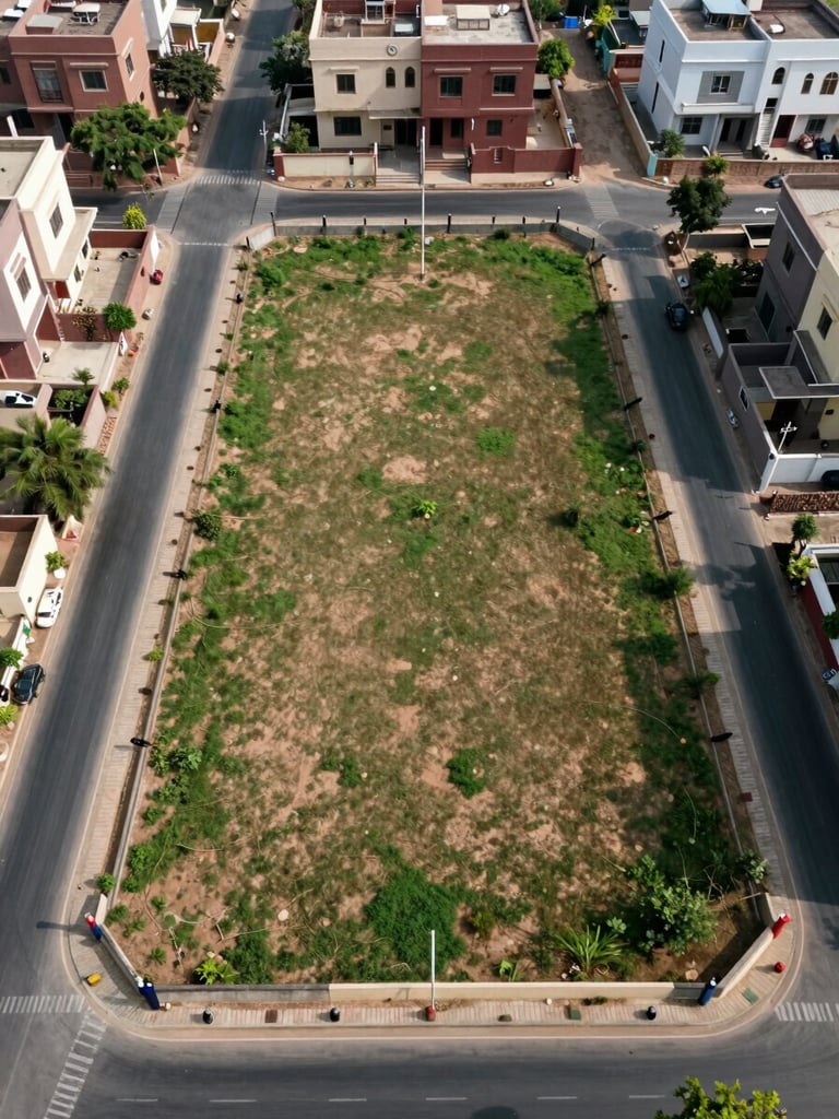 Aerial photograph looking straight down at a surveyed residential plot in Sector 105 Mohali — boundary markers visible at corners, adjacent road freshly laid, neighbouring completed villas in background, natural daylight, no people