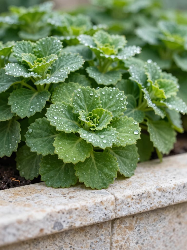Macro shot of vibrant green ornamental garden plants next to a clean stone foundation, morning dew, crisp focus.