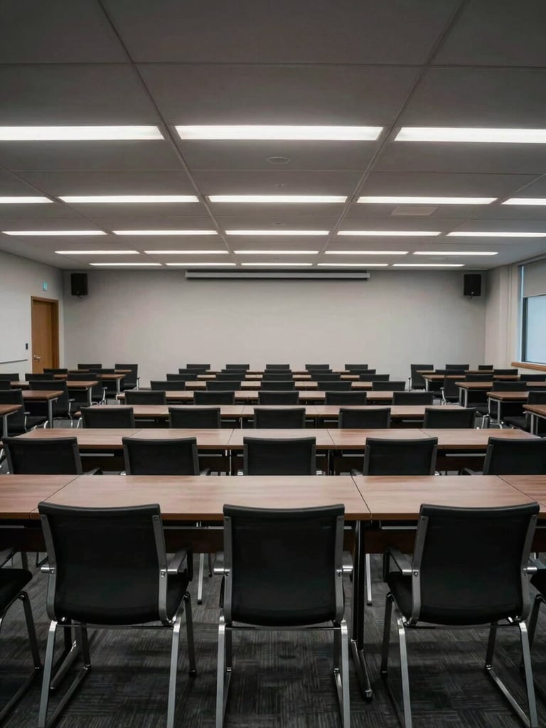 Close wide-angle shot of an organized corporate conference room interior, empty chairs aligned with geometric precision along a dark wood table, structural ceiling panels and recessed lighting creating a grid overhead, cool studio daylight, no people, architectural framing emphasizing alignment and order
