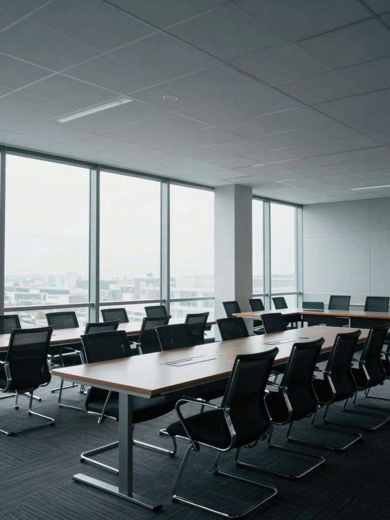 Wide shot of a structured corporate conference room interior, long table with aligned chairs, cool even daylight through floor-to-ceiling windows, architectural lines of ceiling grid visible, no people, geometric order