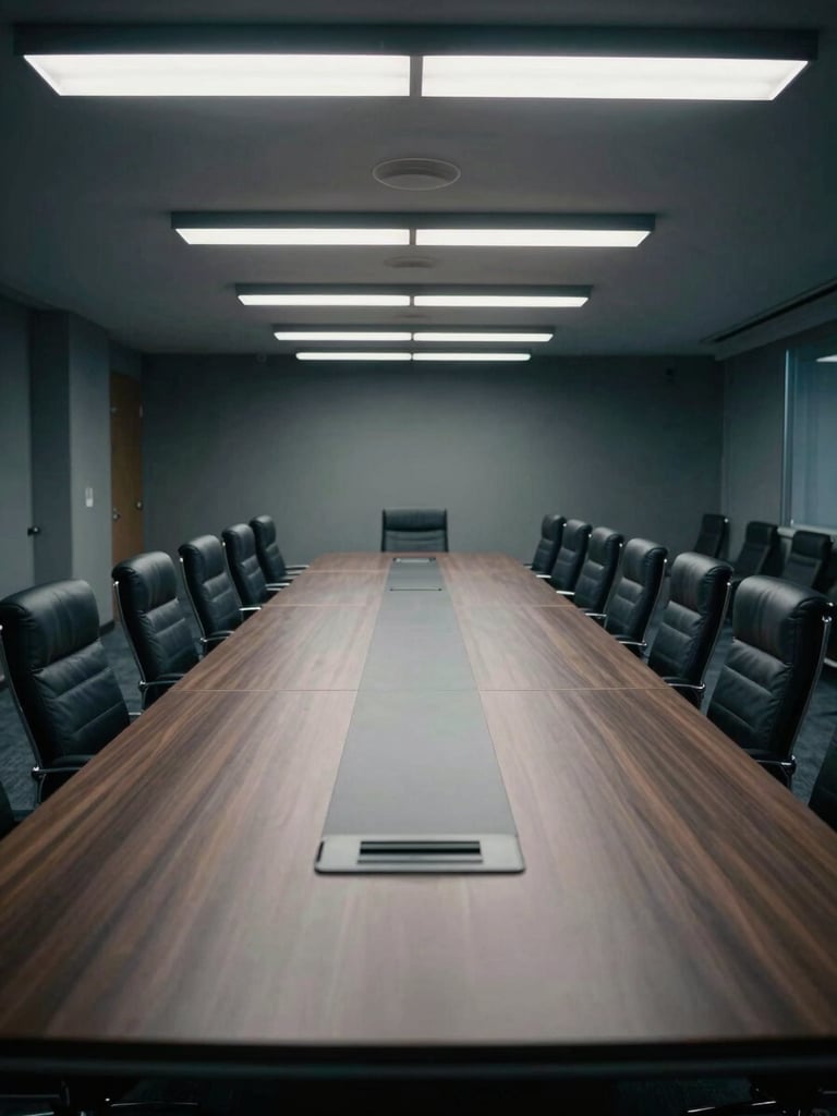 Wide shot looking down a long corporate conference table, cool overhead fluorescent light, empty leather chairs in precise alignment, architectural geometry of the room dominant, muted navy and gray tones
