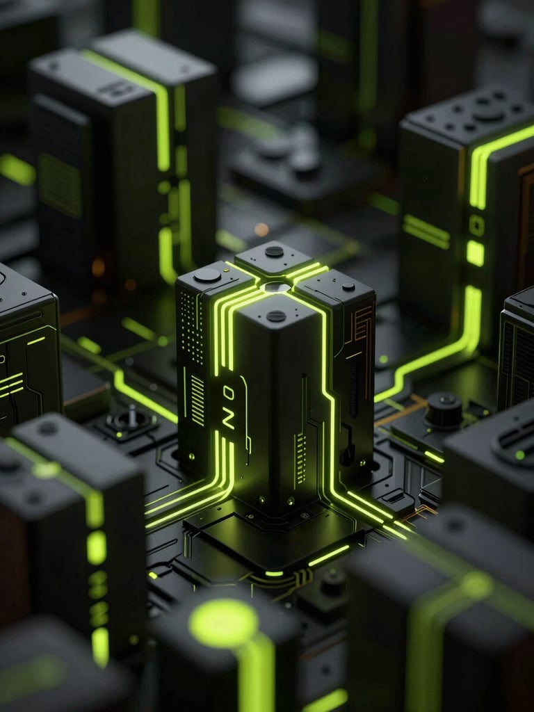Macro close-up of digital structures, high-contrast low-key dramatic studio lighting, deep shadow with neon lime accents, cinematic 3D render