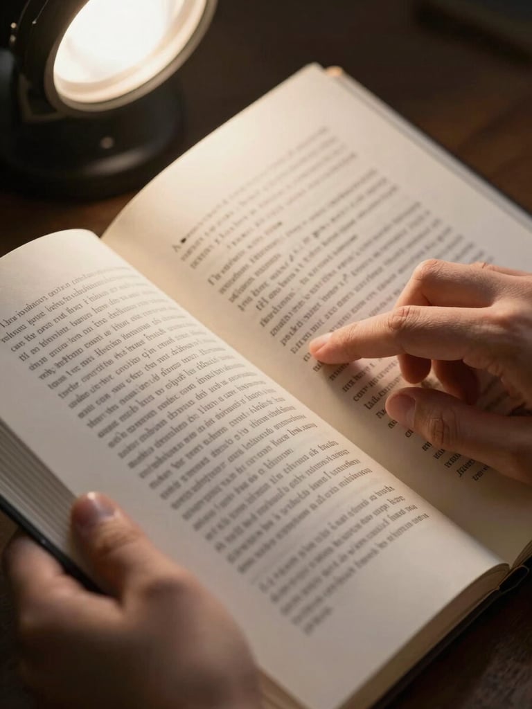 Close-up of hands holding an open proof copy of a book, fingers tracing a paragraph on the page, warm studio light from the upper left, charcoal ink visible on cream paper, restrained and editorial