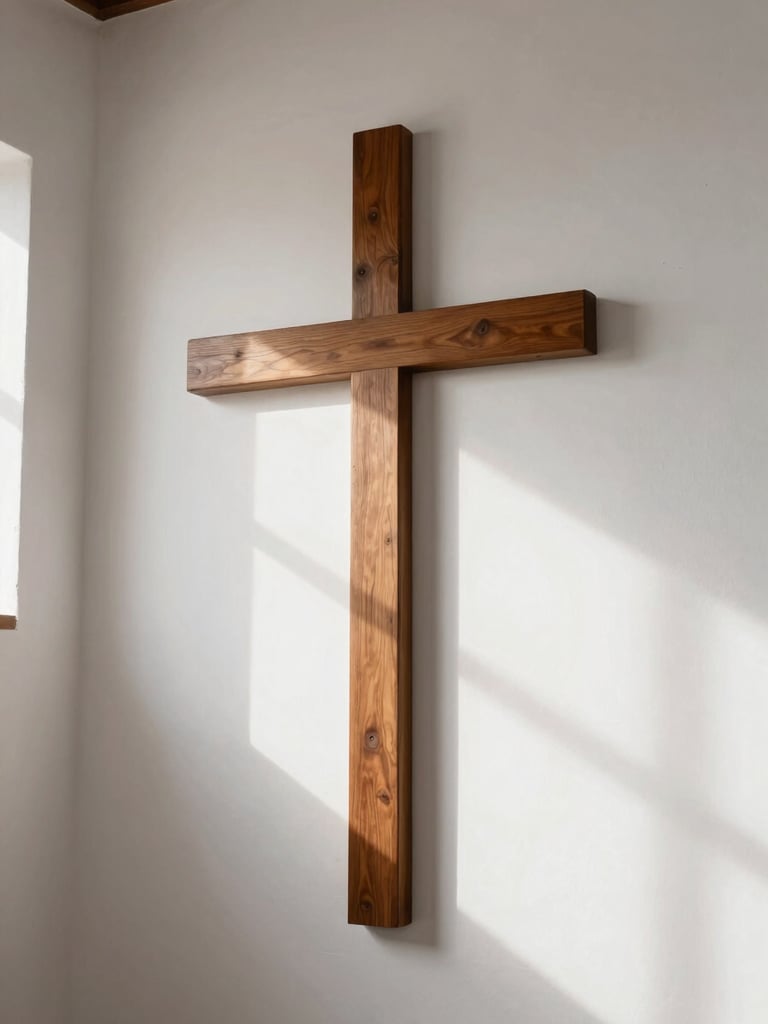 Close-up of a clean chapel interior in Calama, a simple wooden cross on a white wall with soft sunlight streaming through a side window