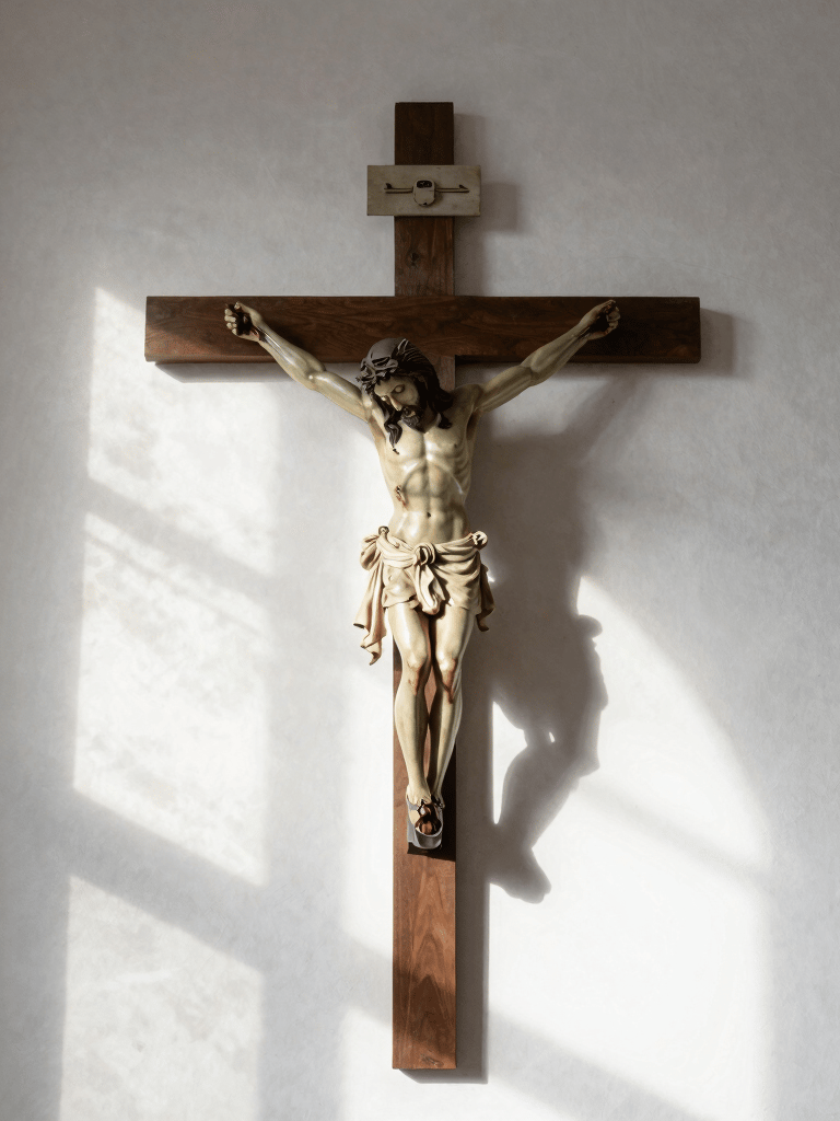 Close-up of a clean chapel interior in Calama, a simple wooden cross on a white wall with soft sunlight streaming through a side window