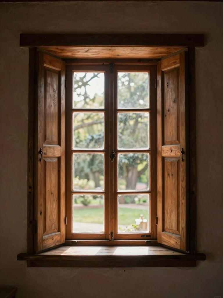 Enfoque artístico y sereno de un ventanal de capilla de madera donde ingresa luz solar suave de la mañana, transmitiendo recogimiento y paz católica.