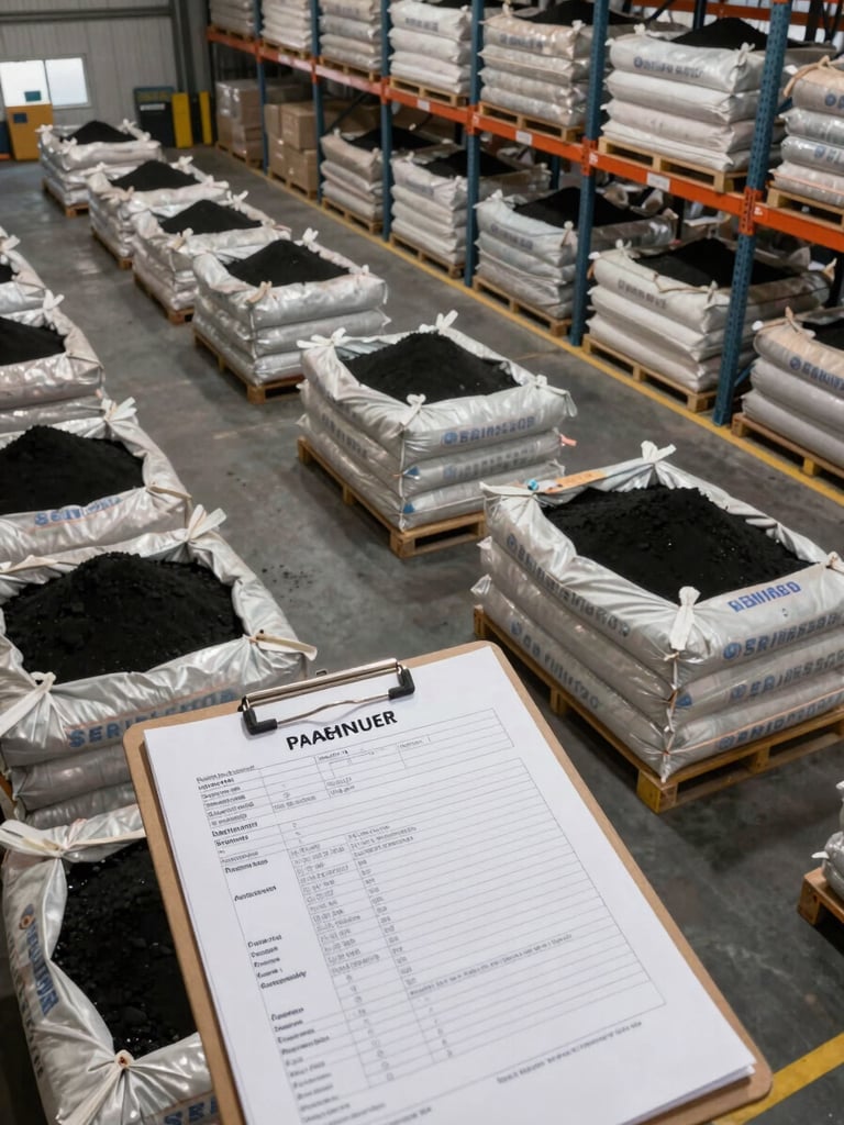 Close overhead view of a large industrial warehouse racking system with ore concentrate in bulk bags staged for shipment, printed shipping documentation visible on a clipboard in the foreground, natural warehouse lighting, no people posed, wide framing showing scale of inventory