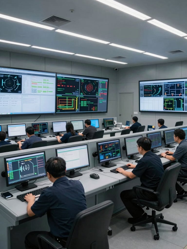 Wide shot of an industrial control room, multiple large monitors displaying operational data dashboards and network monitoring feeds, operators at workstations under cool overhead lighting, steel-gray surfaces, no direct eye contact with camera