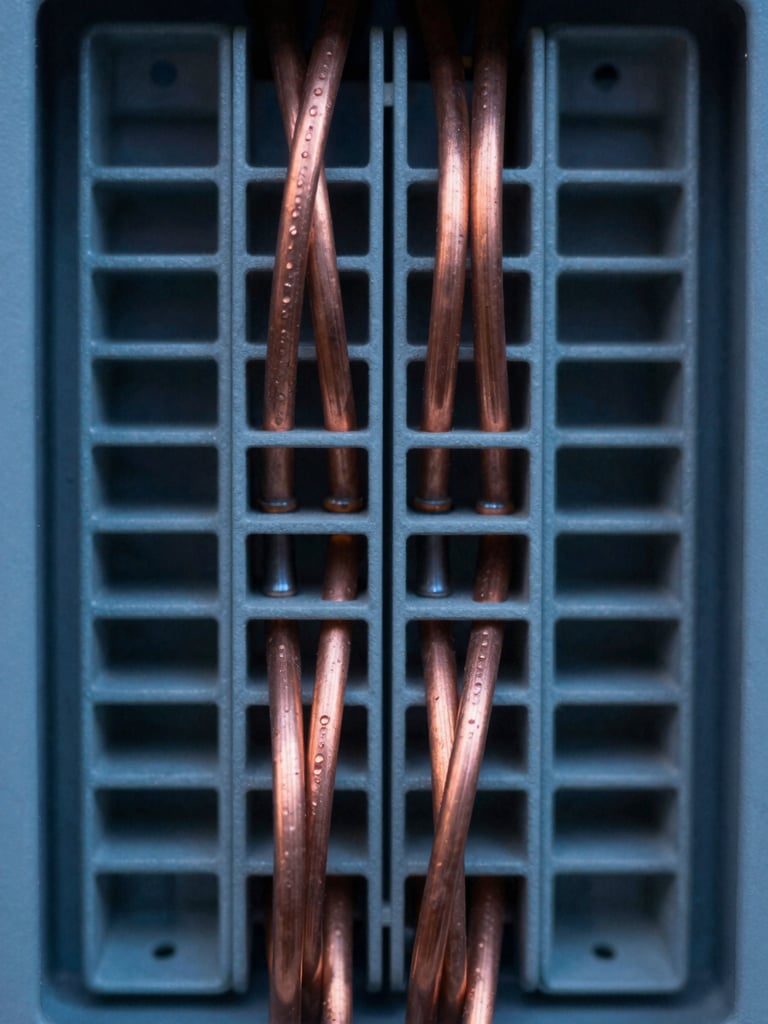 Extreme macro close-up of perfectly dressed, symmetrical copper cabling inside an industrial-grade distribution board, cool twilight lighting, sharp focus, 35mm