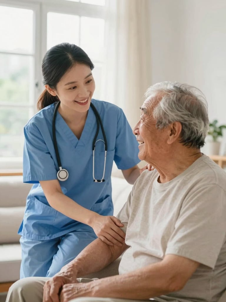 A warm professional caregiver and a smiling senior sharing a lighthearted moment in a bright, sunlit living room, soft natural window light, 35mm lens.