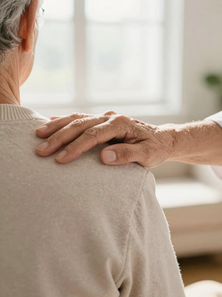 A close-up shot of a caregiver's hand gently resting on a senior's shoulder, warm sunlit home environment, shallow depth of field, soft and reassuring.