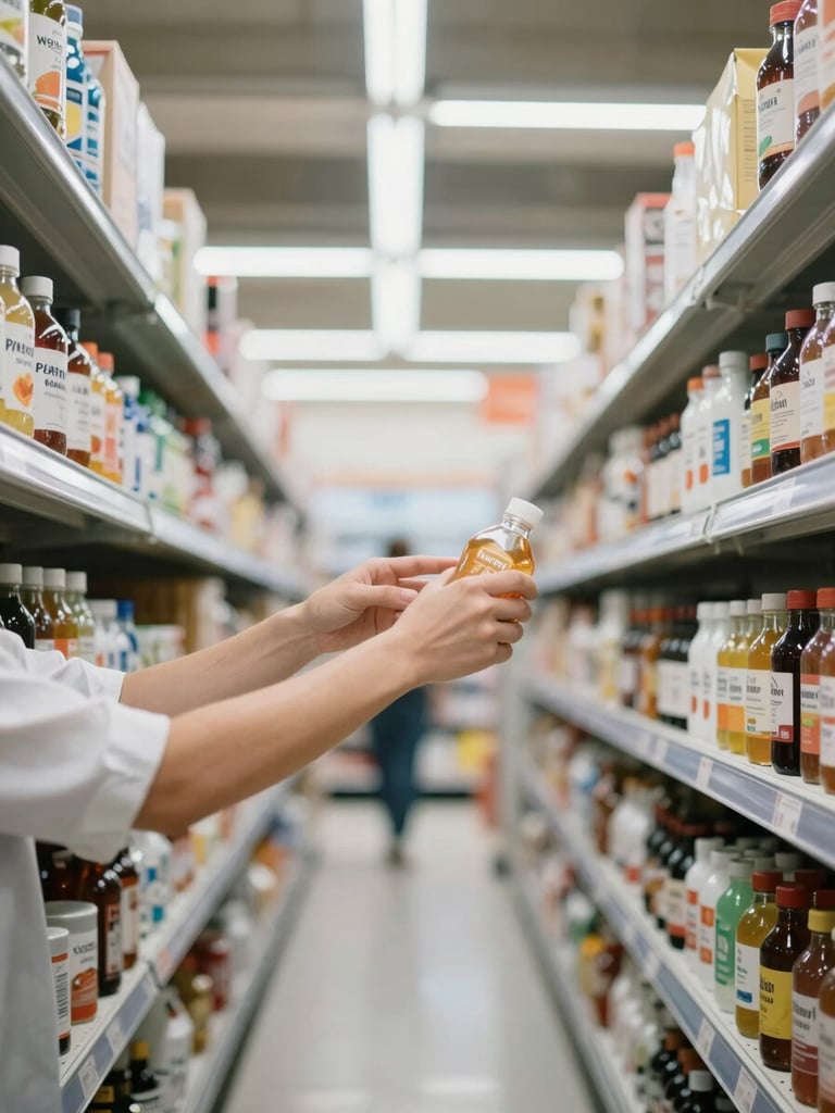 Mid-shot of hands in a supermarket aisle, a Preventi consultant and a store employee collaboratively checking product placement and inventory on a shelf, under bright fluorescent lighting. Focus on hands-on work.