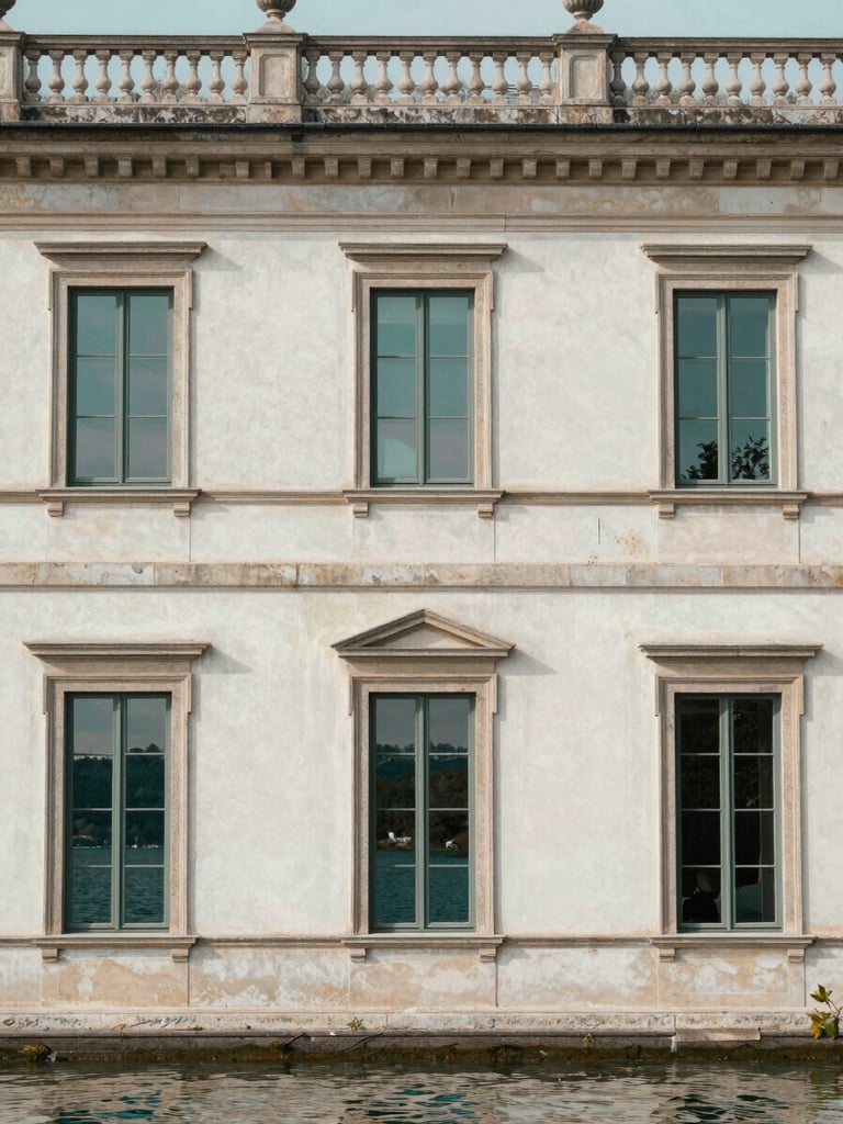 Elegant medium shot of a historic villa facade with stone details, soft natural lakeside light reflecting on the windows, warm white and deep teal tones, elegant editorial photography, architectural symmetry, medium format
