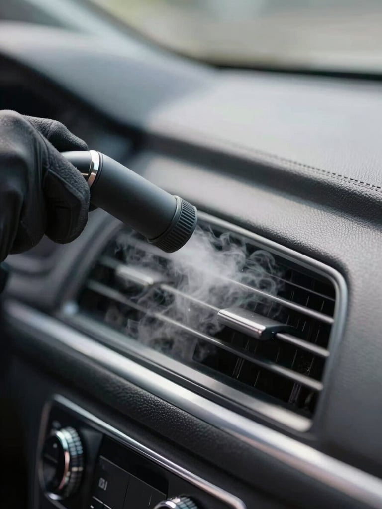Extreme close-up of a detailer's gloved hand pressing a steam nozzle into a car door vent panel, vapor visible against dark trim, cool bright daylight from the car window, sharp focus on the tool tip and vent slats