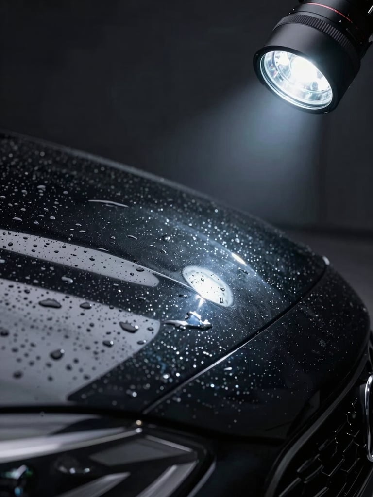 Extreme close-up of deep black car paint under a focused LED inspection light, cool-toned studio lighting, water beading and reflections revealing flawless surface depth after correction, right-side composition with dark background