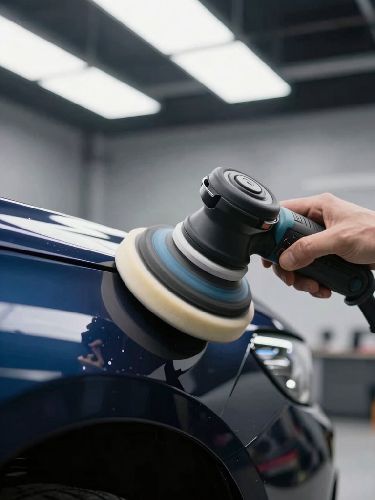 Close-up of a dual-action polisher working over a dark-blue car panel under bright cool-white shop lights, buff pad contact patch visible, paint surface showing the correction in progress
