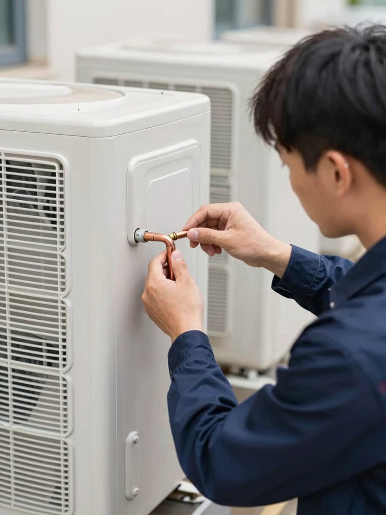 Close-up of a professional technician in a dark blue uniform carefully adjusting copper pipe connections on an outdoor air conditioning unit, bright natural daylight, clean tools, realistic