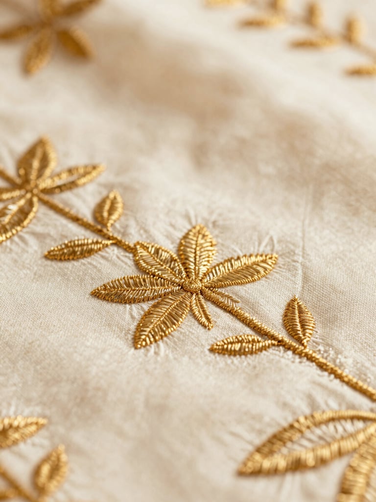 Macro close-up of gold tilla embroidery on luxury ivory fabric, showing the fine details of artisan craftsmanship, soft warm lighting, shallow depth of field