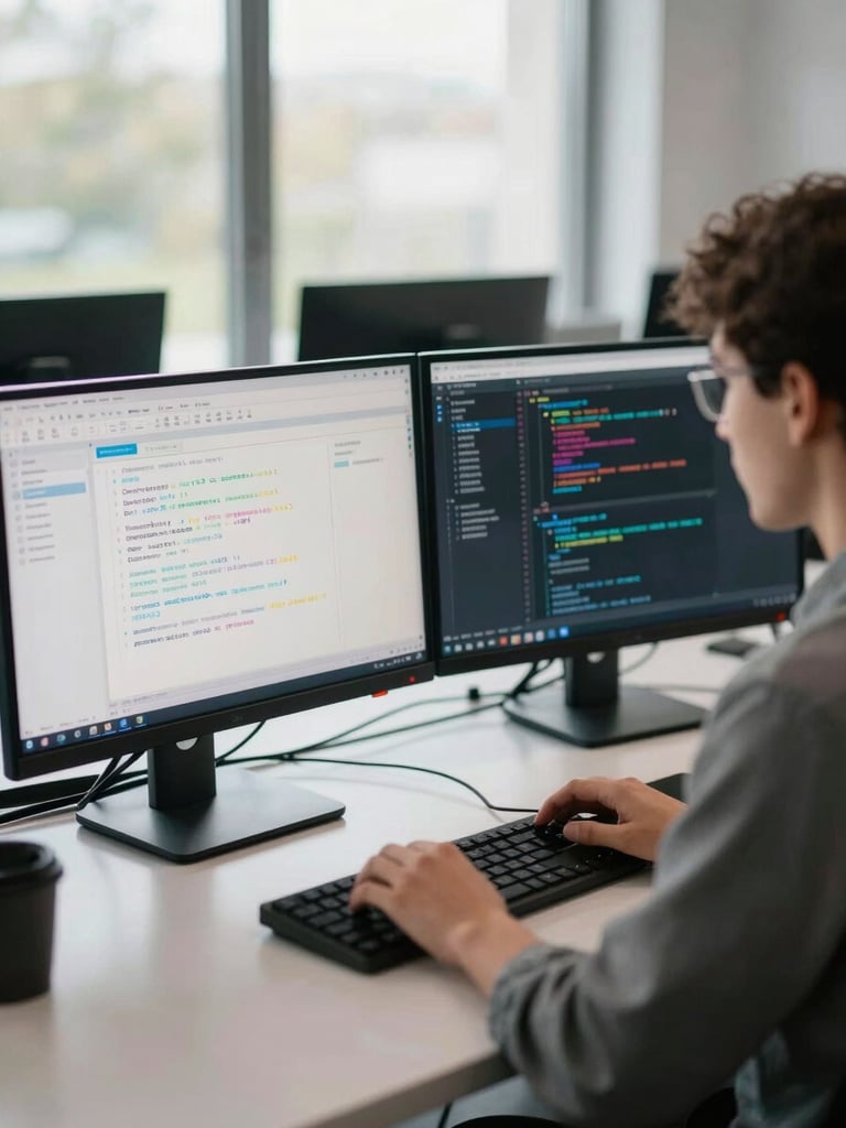 Wide environmental shot of a QA engineer at a desk with dual monitors showing test dashboards and code coverage reports, natural north-facing window light, shallow depth of field on the screens, calm focused workspace