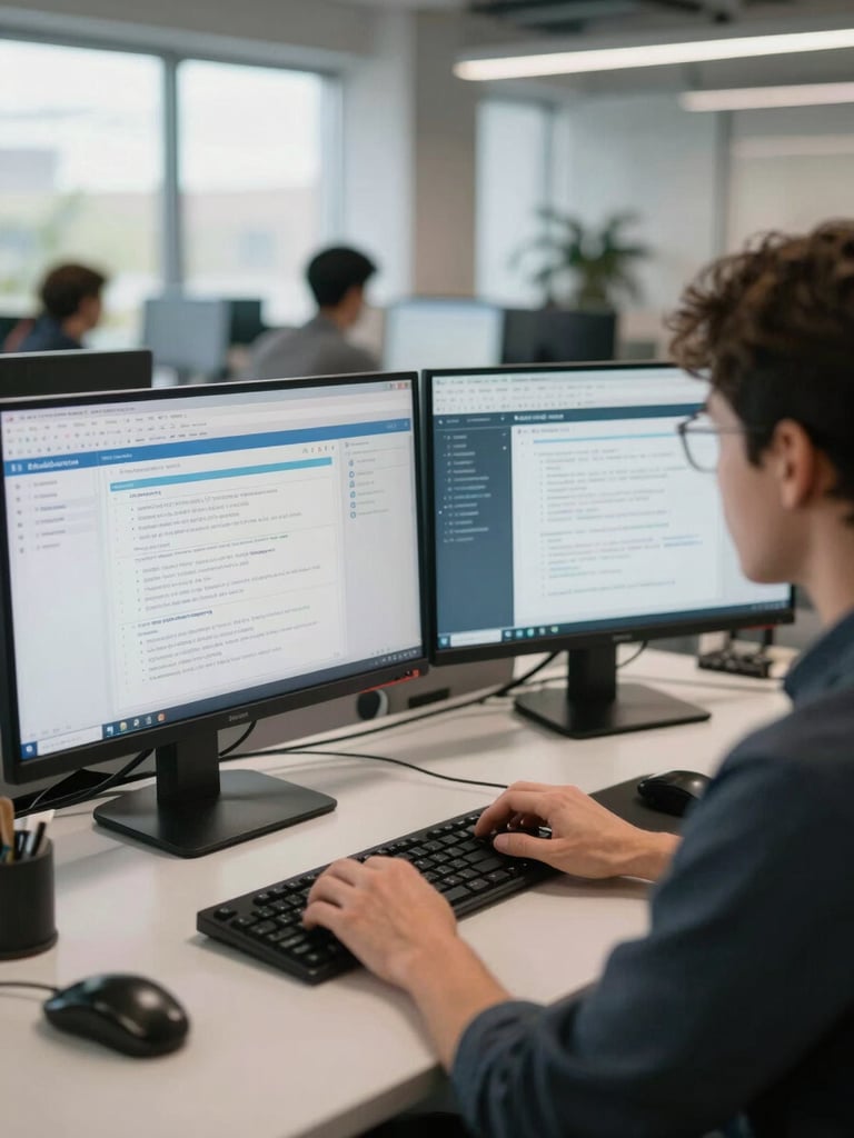 Wide environmental shot, QA engineer focused at a dual-monitor workstation showing a test automation dashboard, natural north-facing office light, hands on keyboard, soft blur on background colleagues in open-plan engineering floor