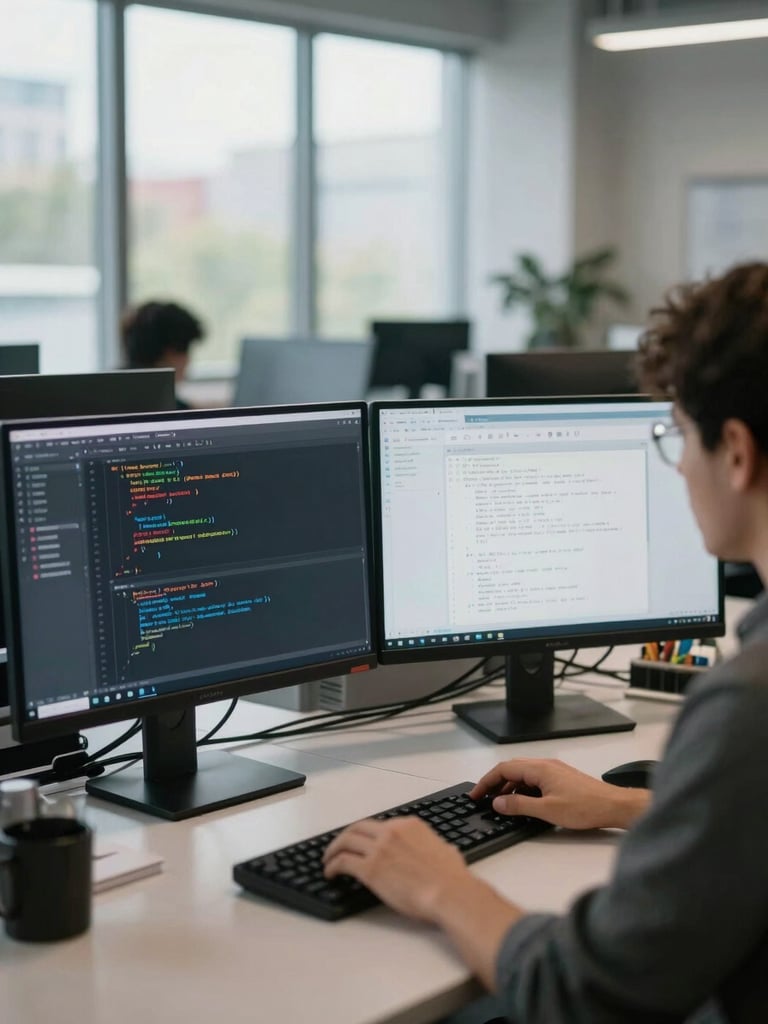 Wide environmental shot of a QA engineer working at a dual-monitor desk, code editor and test dashboard visible on screens, natural north-facing daylight through large office windows, shallow depth of field on the screens, engineering workspace context in the background