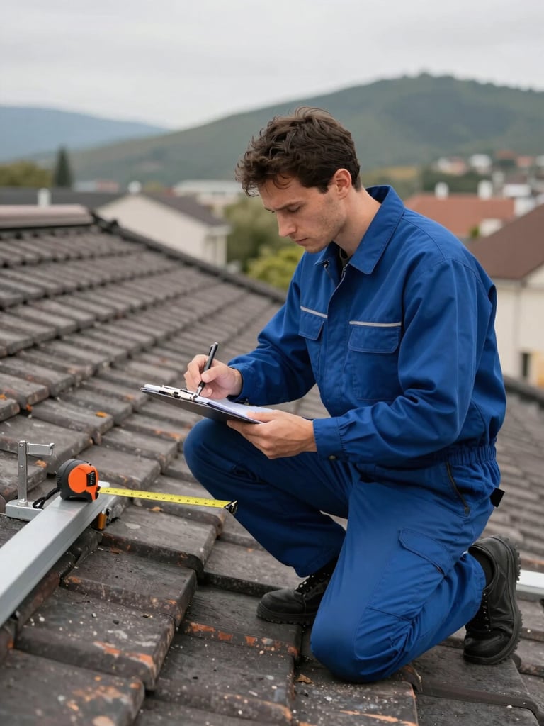 Technician kneeling on a residential rooftop reviewing measurement notes on a clipboard, tape measure extended across mounting rail, overcast daylight, roof tiles and valley visible in background