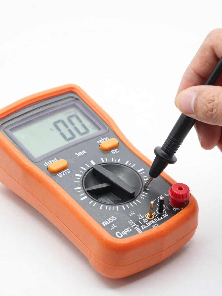 Technical close-up of a digital multimeter testing electrical contacts on a circuit board, clean laboratory environment, bright even lighting