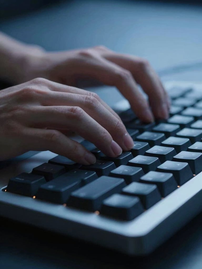 Macro close-up of developer hands typing on a sleek mechanical keyboard, cool blue studio lighting, high contrast, technical atmosphere