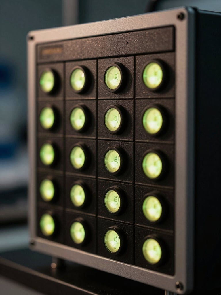 Portrait-oriented close-up of industrial grid hardware in a research lab, glowing chartreuse indicators, high-contrast low-key lighting with deep shadows.