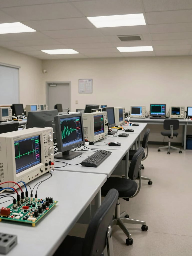 Wide shot of an electronics test bench from the left side, oscilloscopes and spectrum analyzers active with waveforms on screens, a circuit board under probe tips in the foreground, clinical overhead lab lighting, neutral and even, generous negative space to the right